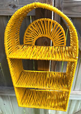 VINTAGE RATTAN WICKER 3 SHELF WALL/TABLE UNIT, PAINTED YELLOW BOHO PALM BEACH picture