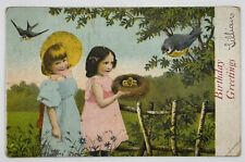 1907-1915 Birthday Girls Talking To Songbirds Postcard Holding Nest picture