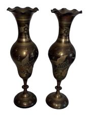 Vintage Pair Etched Solid Brass Flower Vases 11 1/2”~Birds+~India picture