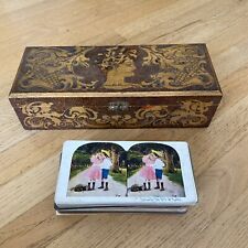 Antique Pyrography Flemish Art Co 682 Wooden Box & 40 Stereoscope Cards picture