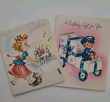2 UNUSED Vtg GIRL Kitten Cake Fairy Delivery Truck BIRTHDAY GIFT Greeting CARDS picture