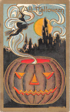 1912 Large Jack O' Lantern & Witch Halloween post card picture