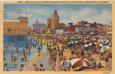 Bathing in the Lagoon, Showing Municipal Auditorium, Long Beach, CA. Linen 1950 picture