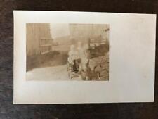 Vintage RPPC Photo Postcard Goat pulling Little Kids in A Cart horns B&W picture