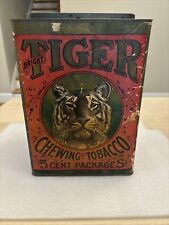 Antique BRIGHT TIGER CHEWING TOBACCO 5 Cent Hinge Lid TIN CARDBOARd 1800s picture