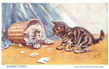 Vintage Cat Art Postcard Mabel Gear, Blue Persian & Tabby Kitten Surprise Attack picture