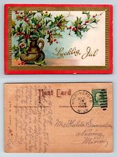 Lycklig Jul Postcard 1909 Swedish Christmas Holly Divided Back Gilt Embossed picture