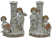 Vintage Pair UNASE Porcelain Cherubs Candle Holders W/Roses  Gold Detailing picture