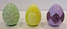 VINTAGE 3 Hand Painted Molded Ceramic Easter Eggs - Yellow, Lavender, Mint Green picture