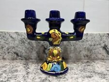 Talavera Pottery Mexico Ceramic 3 Candelabra 6.5” Royal Blue W/ Multi￼colors picture