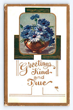 Old Postcard Greetings Kind True Vase Blue Flowers 1910's Vintage picture