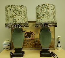 PAIR Uttermost Teal Celadon Black Wood Accents Table Lamps W/ Shades 31