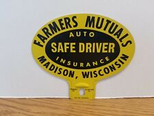 VINTAGE FARMERS MUTUAL AUTOMOBILE CAR LICENSE PLATE TOPPER TIN SIGN MADISON WI picture