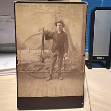 Antique c1880 Cabinet Card Photograph Man with High Wheel Bicycle Penny Farthing picture