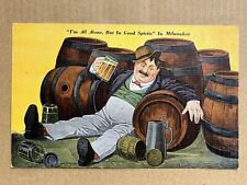 Postcard Comic Humor All Alone Good Spirits Drunk Beer Barrel Milwaukee WI 1937 picture