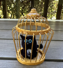 Vintage Hanging Ornament Wicker Bird Cage Black Cat Kitty Ate Bird Feather 3.5