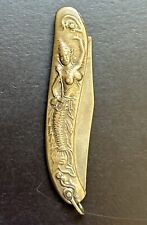 Vintage Siam Thai Goddess Mermaid Pocket Knife Keyring Brass Gold Colored picture