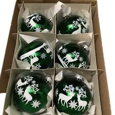 6 Large Green Glittery Reindeer Blown Glass Poland Christmas Ornaments 4”  NEW picture