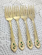HOLLY Yuletide Unknown Manufacturer Holly Berry Christmas Gold 4 Salad Forks picture