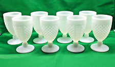 Vintage Milk Glass Set of 8 Diamond Cut Footed Beverage Water Goblet Glass 8 oz picture