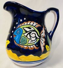 Talavera Water Pitcher Jug Can Mexican Folk Art Pottery Fish Motif Hand Painted picture