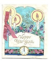 Vtg Christmas Card RUST CRAFT Unused 1930's ? NEW YEARS Bow Pink Flower  LOVELY picture