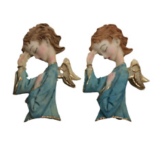 Pair 2 Ceramic Angels Cherubs Wall Hangings Hand Heart Religious Christmas Xmas picture