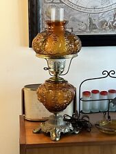 Fenton Amber Glass Hurricane Lamp with Ornate Brass Base Cherub Works READ picture