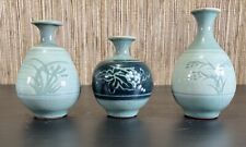 Set Of 3 VTG Hand Crafted Korean Celadon Sketch Pottery Mini Vases picture