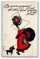 c1910's New Year Greeting Girl Big Hat Pouch Chihuahua Clapsaddle (?) Postcard picture