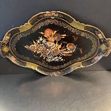 Hand Painted Toleware Tray Made Russia Wooden Vintage Black Floral Motif 13x20