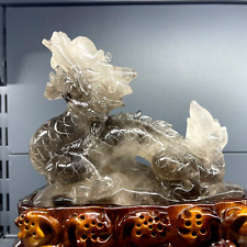 3.96LB TOP Natural smoky quartz hand carved crystal dragon Decoration+stand picture