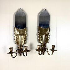 Vintage Set 2 Chapman 1972 Brass Wall Sconces Beveled Mirrors Art Deco Style picture