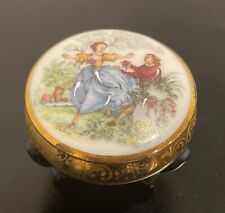 Limoges France  Hand Painted Footed Lidded Trinket Box Courting Scene Mint picture