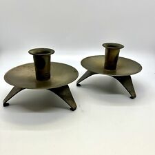 Vintage Pair MCM Brass Taper Candle Holders 3 Footed Unique Atomic Look picture
