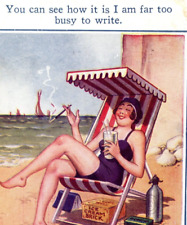 Humor Too Busy To Write Postcard Vintage 1931 Woman On Beach Relaxing picture