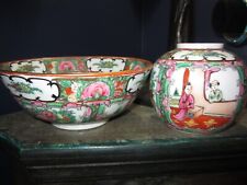 Vintage Chinese Famille Rose Porcelain Bowl Vase Planters Green Pink Set Marked picture