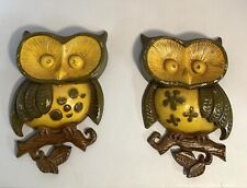 Vintage 1970’s Sexton Owls Cast Aluminum Wall Art Decor Green Yellow Brown Aged picture