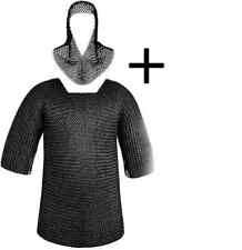 Half Sleeves Chainmail Shirt with Coif Medieval Knight Black Armor Costume picture