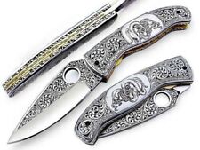 Hand made Hand engraved folding knife skull and leaf art engravings Premium gift picture