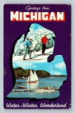 MI-Michigan, Greetings, Map Outline, Skiing, Sailing Vintage Souvenir Postcard picture