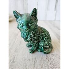 Vintage long-haired cat kitten green ceramic statue figurine decor picture