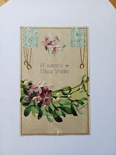 Antique 1909 A Happy New Year Mistletoe Flowers Horseshoes Posted Postcard picture