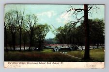 Rock Island IL-Illinois, Old Stone Bridge, Govt. Island c1906 Vintage Postcard picture