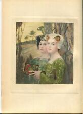 ANTIQUE GORGEOUS MEDIEVAL GIRLS NATURE TREES THISTLE RED CARNATIONS H/C PRINT picture
