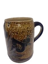 Signed Stonewear Pottery Coffee Beer Mug Art Ceramic Flowers Blue Ace Of Spade  picture