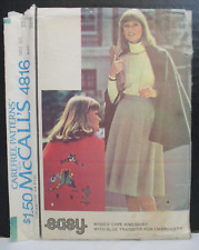 McCall's Pattern 4816 Misses Cape Skirt Embroidery Transfer Size 10 Cut 1974 Vtg picture