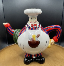 Trisa Chef Hand Painted Ceramic Teapot Plump Aproned Whimsical Kitchen Vintage picture