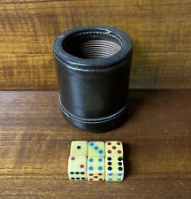 Vintage Stitched Brown Leather Ribbed Dice Cup with 6 Bakelite Multi Color Dice picture