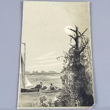 Victorian Trade Card Antique 1880's, Moon Sailboat Sail Boat Lake Water Tree picture